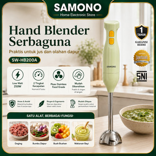 SAMONO Hand Blender Serbaguna 250W Blender Tangan Elektrik Multifungsi 2 Kecepatan Normal dan Turbo Stainless Steel Food Grade Ringan Ergonomis Cocok untuk MPASI Smoothie Saus Sup Puree Blender Serbaguna SW-HB200A