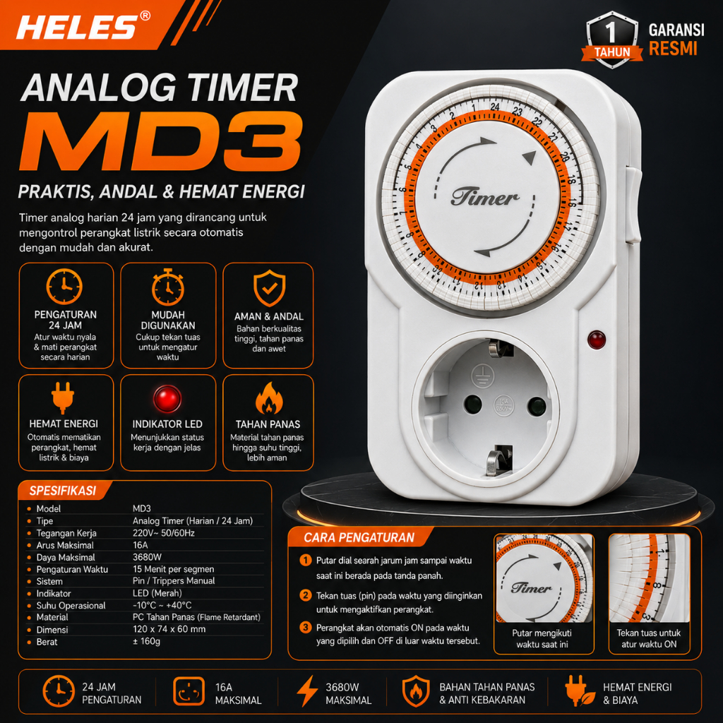 Heles MD3 ตัวจับเวลาไฟฟ้าแบบอะนาล็อก 24 ชั่วโมง ซ็อกเก็ตอัตโนมัติ 16A 3500W