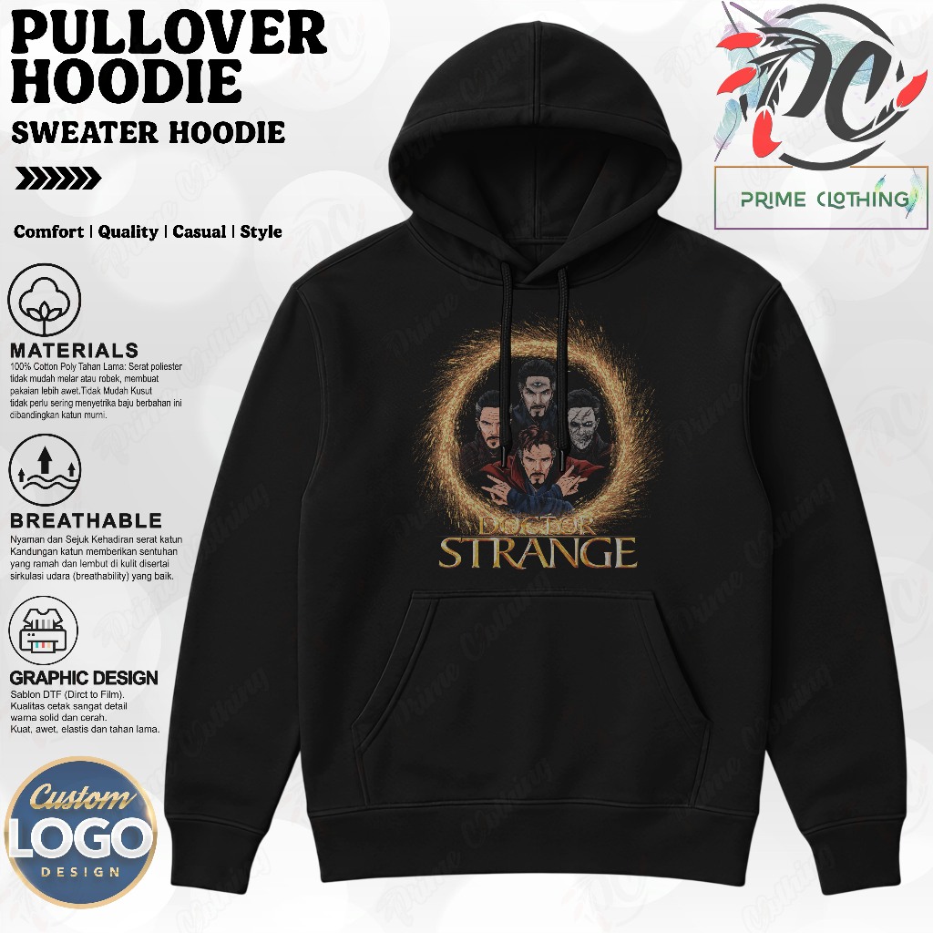 เสื้อฮู้ดผู้ใหญ่ เสื้อกันหนาวมีฮู้ดสีดํา ออกแบบโลโก้ที่กําหนดเอง SUPERHERO DOCTOR STRANGER ทั้งหมดหล