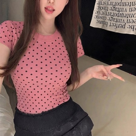YEJIN Premium Knit Polka Dot เสื้อยืดผู้หญิง
