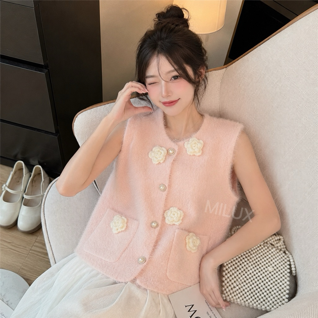 KNIT FLOWER FUR WINTER VEST TOP (เฉพาะที่, ไม่ใช่ภายใน) MX450