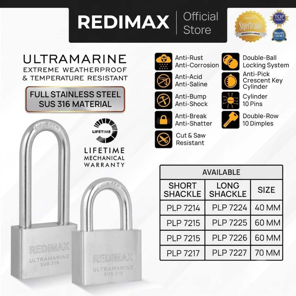 REDIMAX กุญแจรั้วประตู Locker กุญแจรถประตูล็อคกล่องคอยาวสั้นยาวสั้น Shackle สแตนเลส SUS 316 SUS316 C