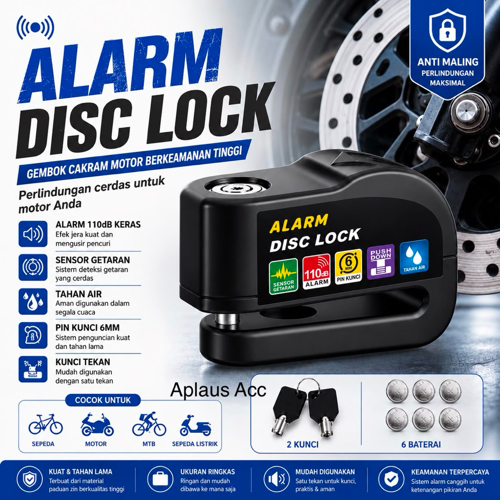 (WHOLESALE) 110dB กันน้ํา Anti-Theft Motorcycle Disc Alarm Padlock 110 Alarm Disc Lock ฟรี 2 คีย์