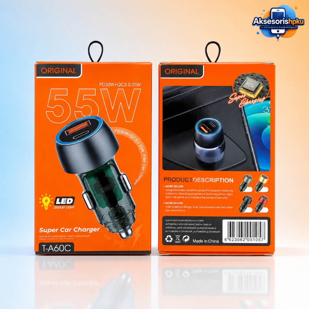 [T-A60C] Super CAR Charger PD 38W USB-A + USB-C จอแสดงผล LED Light Saver CAR PD20W + Power Quick Cha