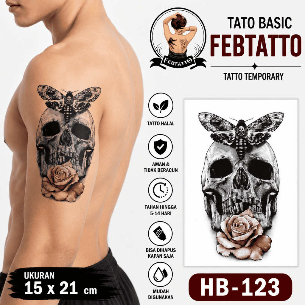 MAWAR Basic ชั่วคราว Tattoo สติกเกอร์ 15x21 ซม.ฮาลาลติดทนนานชั่วคราว Tattoo Skull ผีเสื้อ Rose สีชมพ