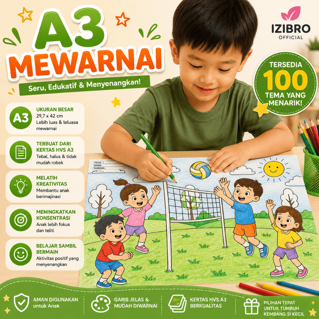 Izibro - A3 โปสเตอร์ระบายสีรูปภาพเพื่อการศึกษาสําหรับเด็ก PREMIUM | เช็ดทําความสะอาด | จัมโบ้ ขนาด 2