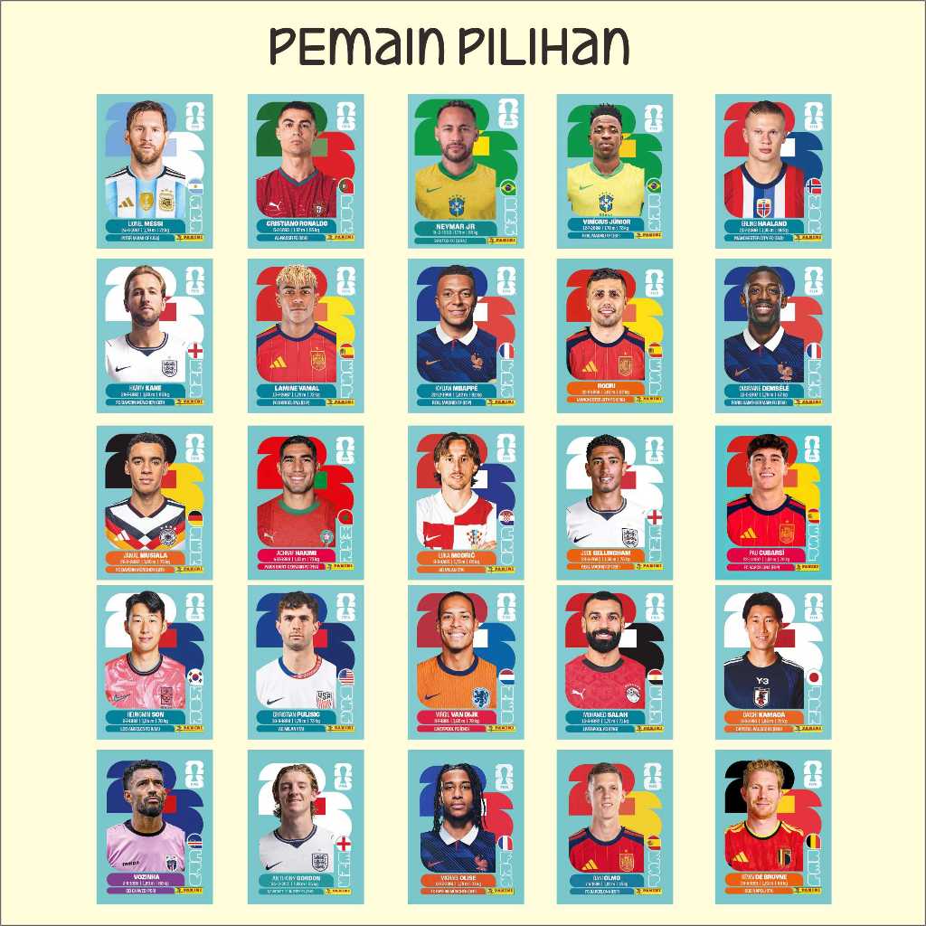 25 ชิ้น PANINI สติ๊กเกอร์ขนาด 4.9x6.5 ซม. 2026 ฟุตบอลโลกนักฟุตบอล (Single Shot) (Unofficial/Fanmade)