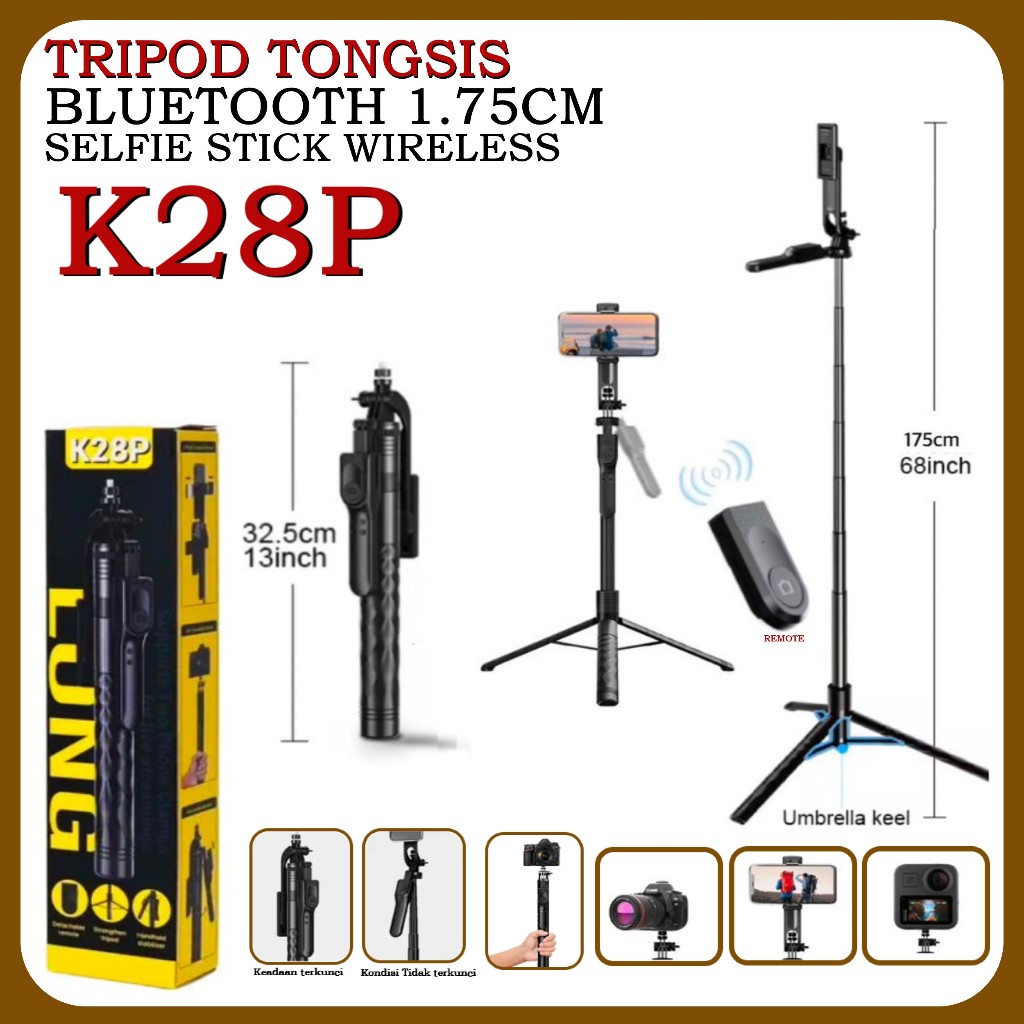 1.75M ขาตั้งกล้องแหนบบลูทูธ K28P 175 ซม.ขาตั้งกล้องSelfie Stickไร้สายมือStabilizerพับUniversal