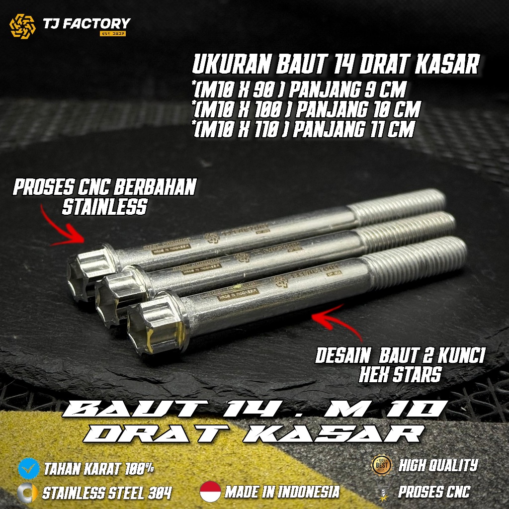 14 ด้ายสลักเกลียวหยาบสแตนเลส CNC 2 คีย์ Picth 1.5 มม. Bolt M10 โดย TJ Factory อินโดนีเซีย (1 ชิ้น)