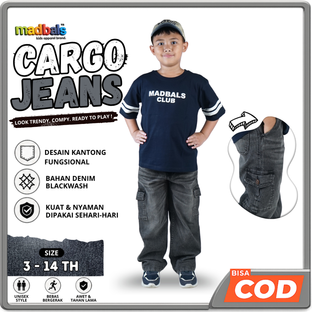MADBALS Baggy Cargo Jeans Denim Blackwash Stretch Boys | หญิง หญิง | Unisex 3-14 Years BB 11KG-40KG
