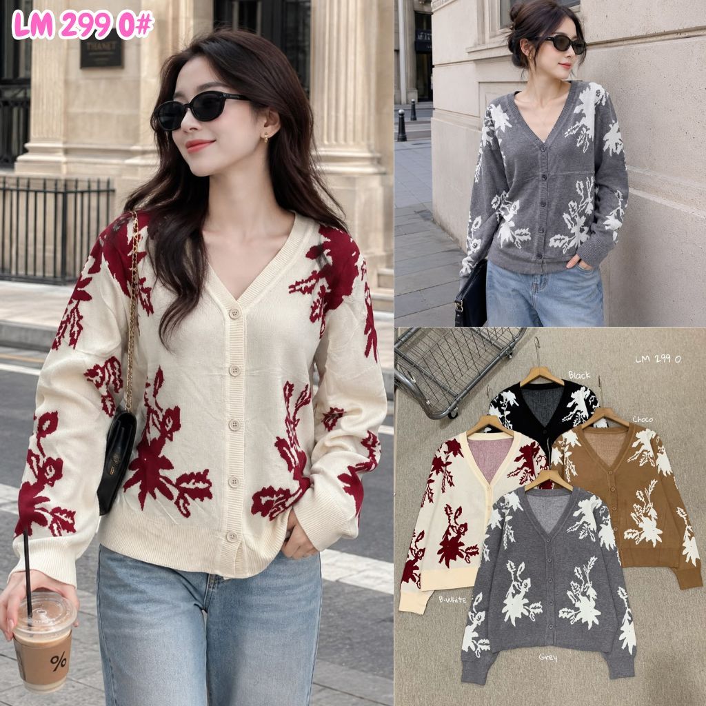 HAPPY SHOP - ผู้หญิง KNITTED CARDIGAN TOP LM6O 6O LM299O 299 LM217O 217 FLOWER MOTIF V-NECK COLLAR P
