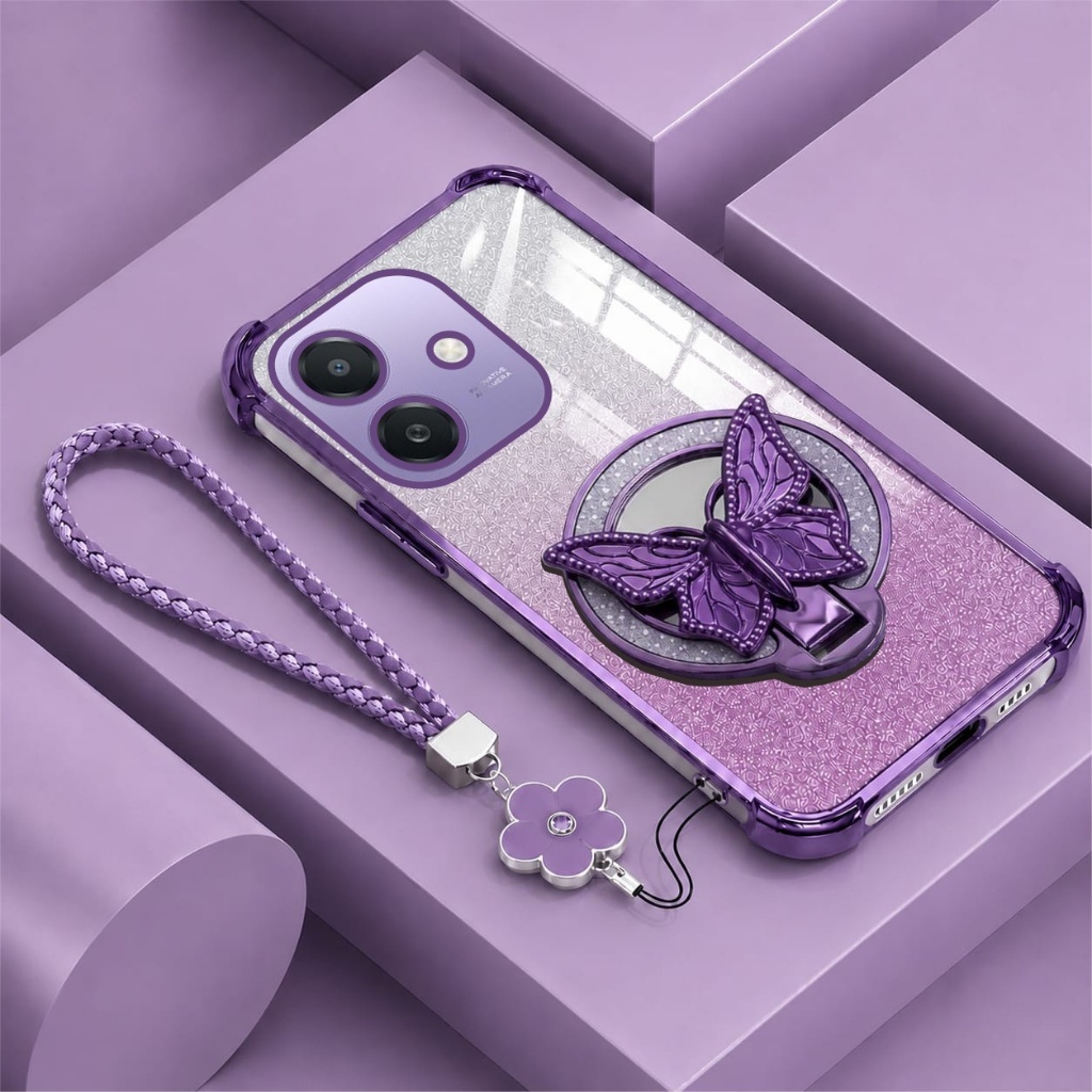 OPPO A5i / A3x / A3 เคสแหวนคริสตัลผีเสื้อ Glitter Premium Anti Crack ฟรีสายคล้องดอกไม้