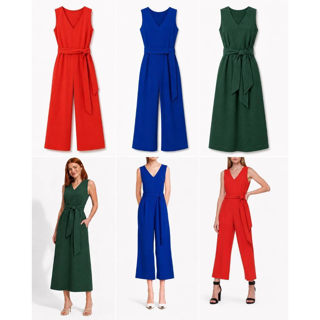 จั๊มสูท Kulot Crop V คอ CLK แขนกุด Tie-เอว Wide-Leg - 2224