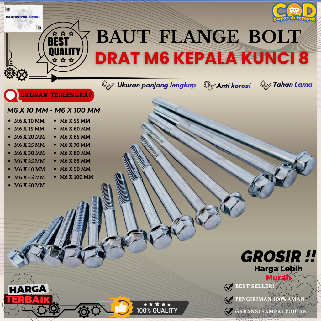 MESIN FLANGE BOLT M6 KEY HEAD 8 – CVT ENGINE BLOCK CALTER BOLT 10 THREAD 6x10 - 6x100 MM