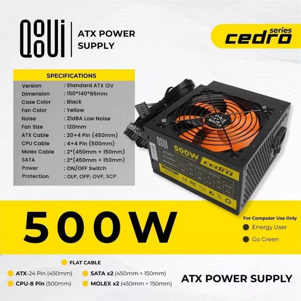 POWER SUPPLY คอมพิวเตอร์ 500 วัตต์ PSU PC QOEUi Cedro Series ATX-500W