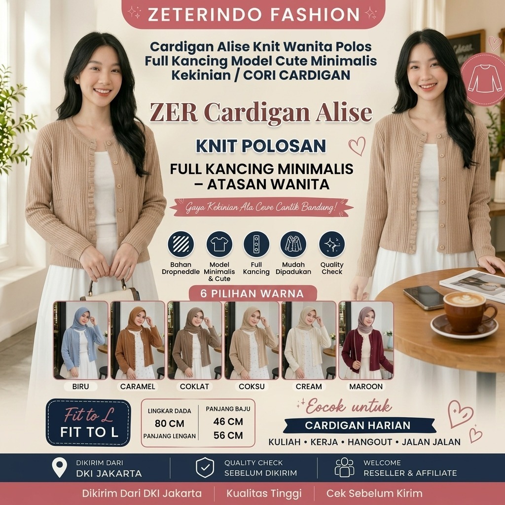 ZETERINDO FASHION คาร์ดิแกนผู้หญิง Alisa Knit Plain Full Button Simple Minimalist FASHION Model / CO
