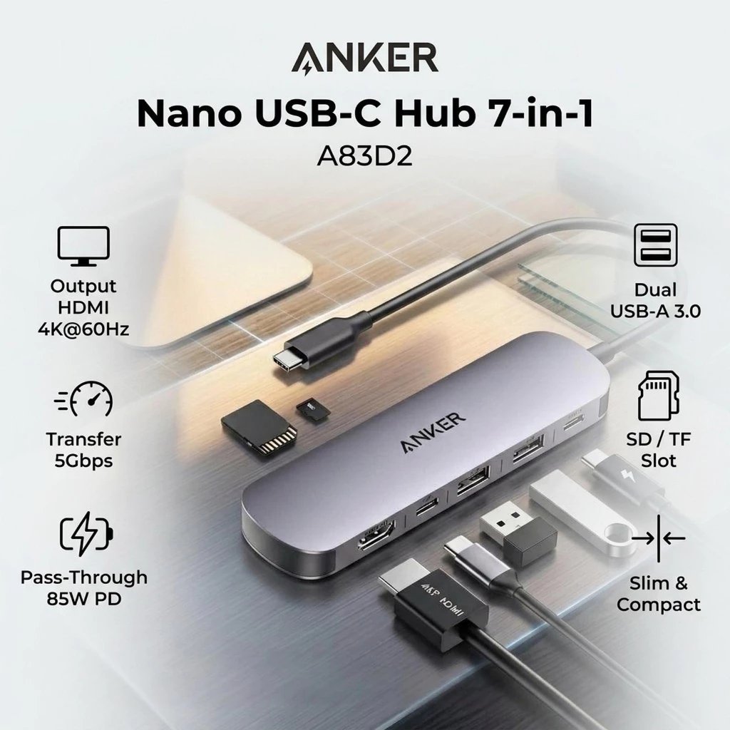 ANKER A83D2 Nano USB-C Hub 7-in-1 4K HDMI 60Hz 5Gbps การถ่ายโอนข้อมูล