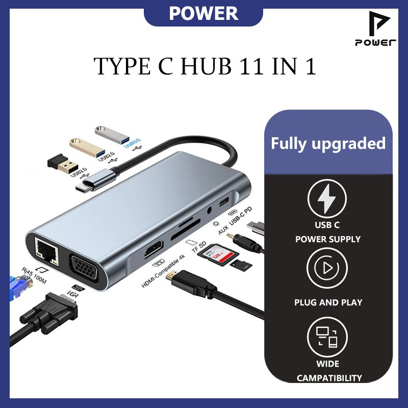 เพาเวอร์ TYPE C 11 IN 1 | CONVERTER TYPE C HUB 11 IN 1 USB TF SD TV HD PD Type-C LAN/RJ45 AUX VGA