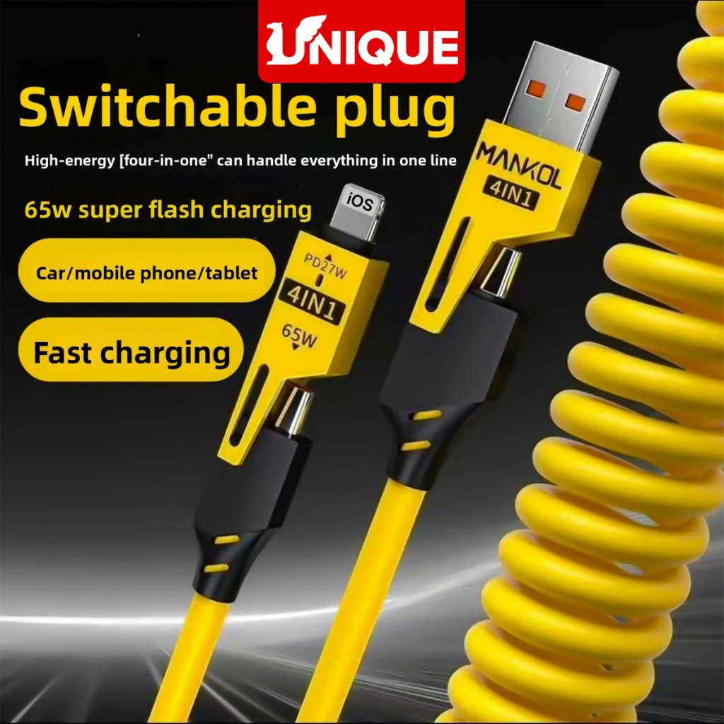 HP UNIQUE 4 In 1 Fast CHARGING Data CABLE 65W PD 27W Type C To C Lightning USB Spring Cable Android 