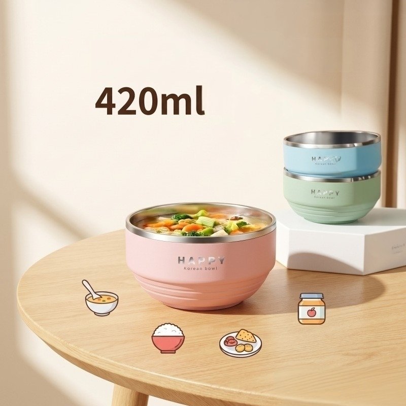 BW-365 304 ชามสแตนเลส Double Wall Family Bowl ทนความร้อน 420ml ทําความสะอาดง่าย 1 ชุด