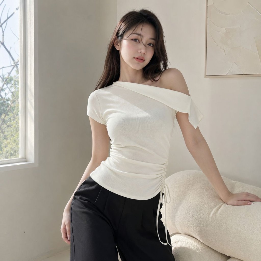 Fashoper Veyla ผู้หญิงแขนสั้น Ruched ปิดไหล่ Slim FIT สไตล์เกาหลีไม่สมมาตร Top Drawstring Body Fit เ