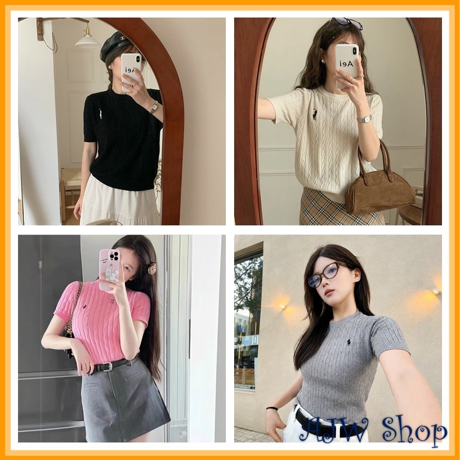 AJW Womens Cable Knit Polo Top สไตล์เกาหลี HCE | เกาหลีเสื้อลําลองโปโลลายนูนเสื้อยืดด้านบน | เสื้อถั