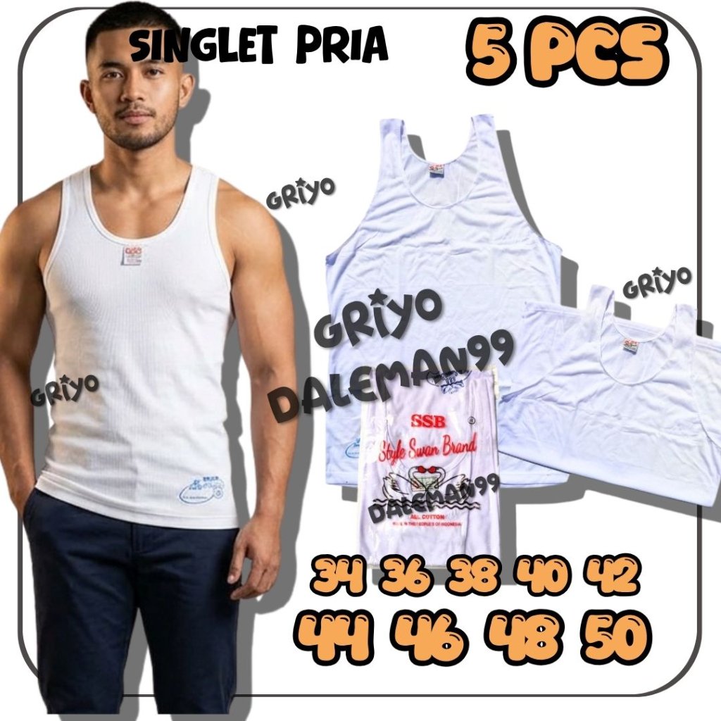 5 ชิ้น Swan ยี่ห้อผู้ชายเสื้อกล้ามเสื้อยืด/Swan ผู้ใหญ่เสื้อกล้ามผู้ชายขนาด 34 - 50 GRIYO DALEMAN99