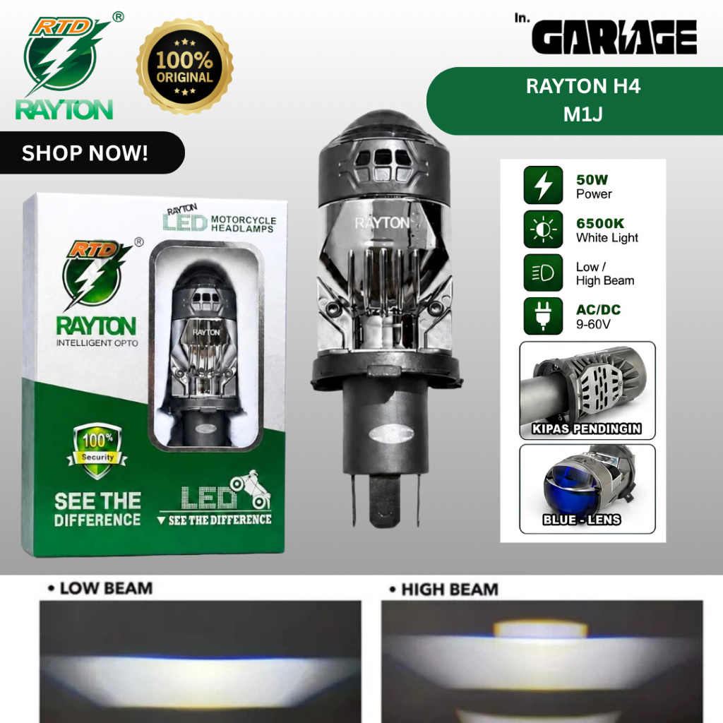 RAYTON H4 M1J LED LAMP MOTORCYCLE CAR 50W 6500K Low/High Beam AC/DC 9-60V เลนส์สีฟ้าในโรงรถ