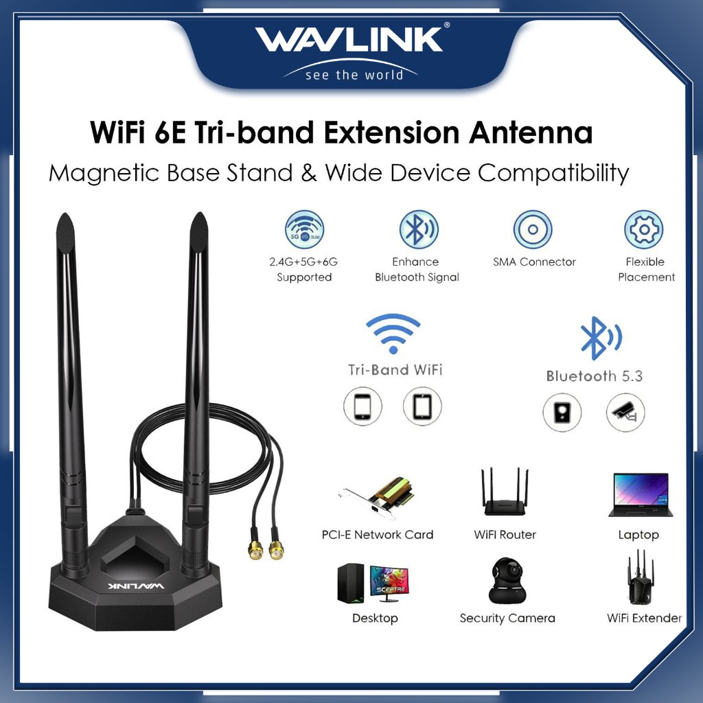 WAVLINK WiFi 6E เสาอากาศต่อขยาย Tri-band, เสาอากาศ WiFi 2.4GHz + 5GHz + 6GHz พร้อมฐานแม่เหล็กและขั้ว