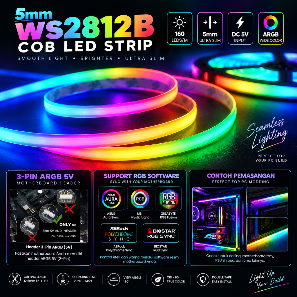 LED Strip ARGB PC COB 5 มม. WS2812b Ultra Slim และ Dot Less สําหรับ Mobo PC Sync
