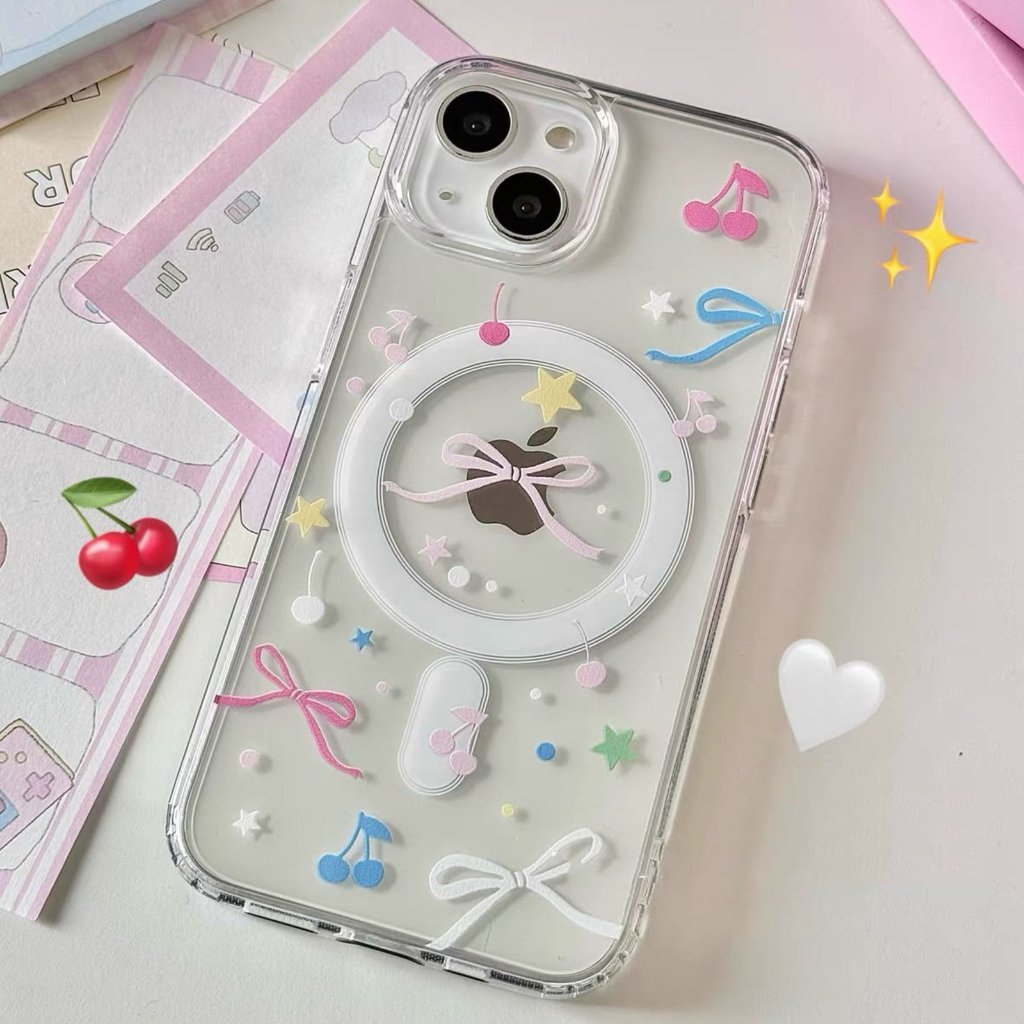 กรณีสําหรับiPhone 7 7 + 8 8 + X XR XS 11 12 13 14 15 16 17 Pro Maxริบบิ้นStar Cherry MagsafeปลอกHp Y
