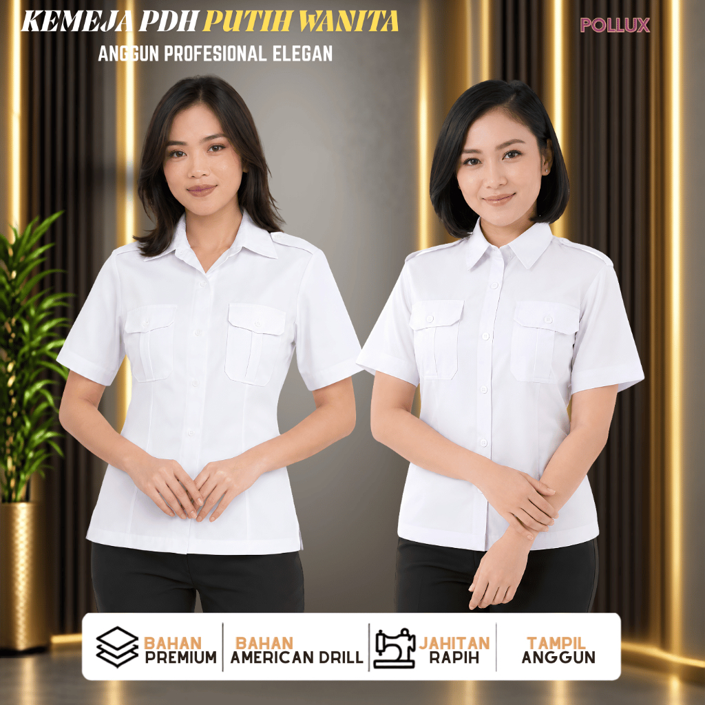 KAMEJA เสื้อเชิ้ตผู้หญิงสีขาว Pdh คอปกคอวีและเสื้อเบลเซอร์แขนสั้นทําจากวัสดุเจาะหนาและสวมใส่สบาย