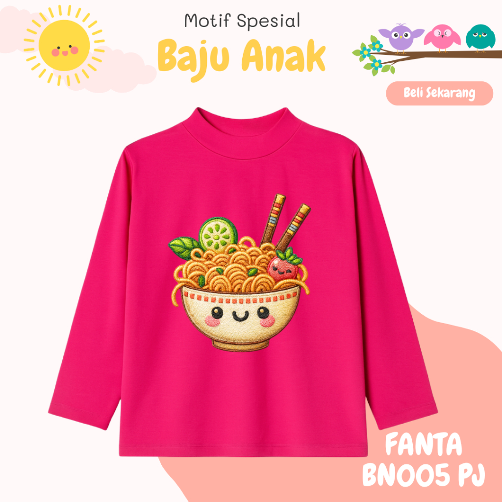 BN005 PJ เสื้อยืดแขนยาวคอปกกลมสําหรับเด็กพร้อมเย็บปักถักร้อย DTF One Ramen