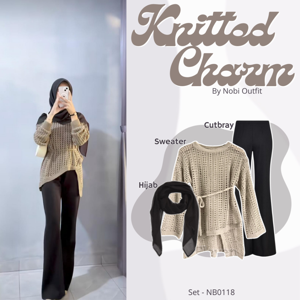 3 In 1 One Set Yuruma Sweater Top สําหรับวัยรุ่น, Modern Elegant Nobi Outfit Set (Hijab+Sweater+Cutb