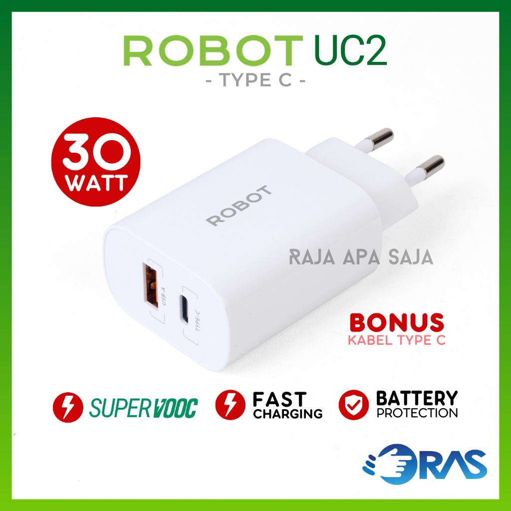 Robot Charger 3A 30 วัตต์ SUPER VOOC 2 พอร์ตเอาต์พุต 18W USB Type C + USB A Fast Charging Quick Char