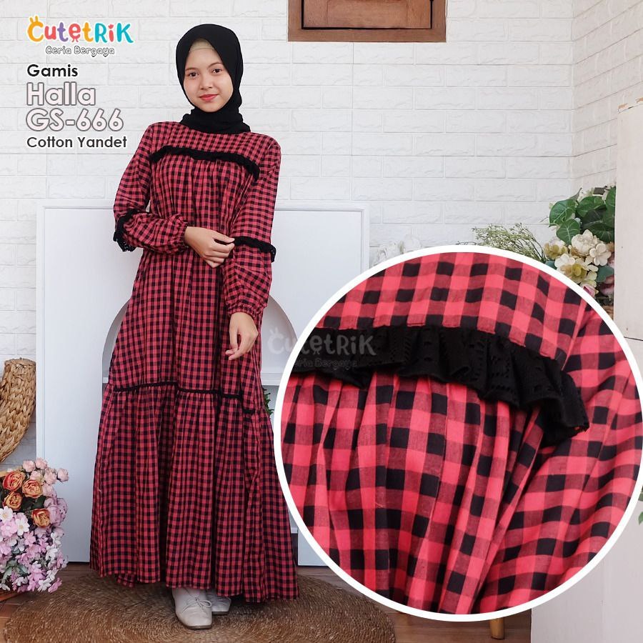 MERAH KATUN DB GS 666 เดรสมุสลิมสําหรับวัยรุ่น ผ้าฝ้ายเยนเดช แดง ดํา Tartan แดง ดํา Halla Dress by C