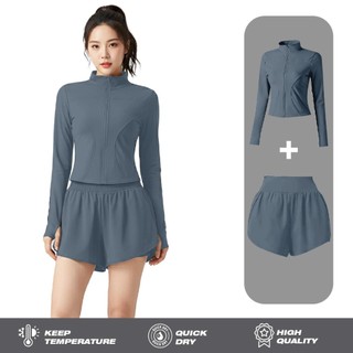 RHID - Setelan Baju Jaket Olahraga Wanita Lengan Panjang/Shortpants Wanita Celana Pendek Olahraga