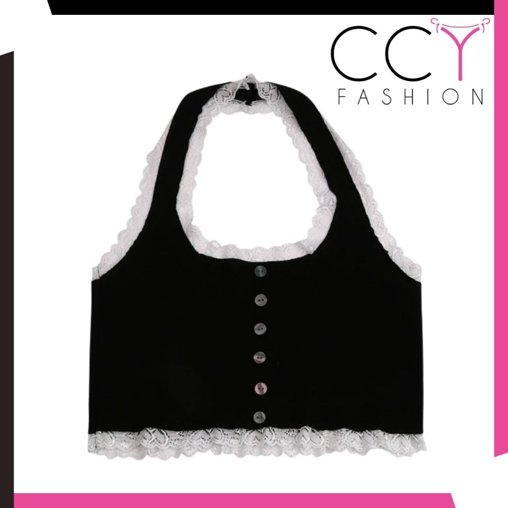 CCY FASHION Tanktop รุ่นคล้องคอถัก สายรัดห้อย ปุ่มลูกไม้ แฟชั่นผู้หญิง