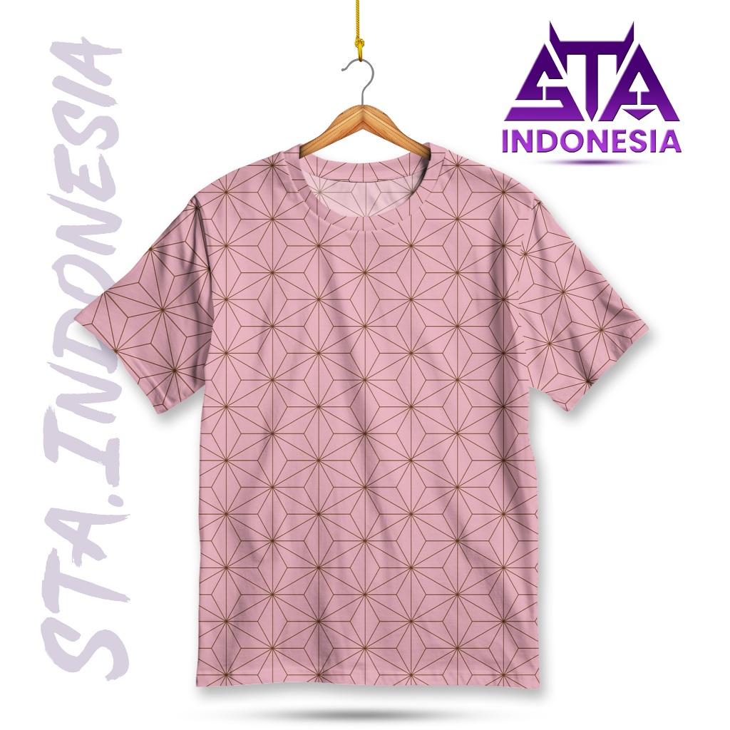 STA เสื้อยืดอนิเมะ Nezuko Kamado | ชุดเดรสคอสเพลย์ Demon Slayer สีชมพูลาย Unisex Premium | STK-53