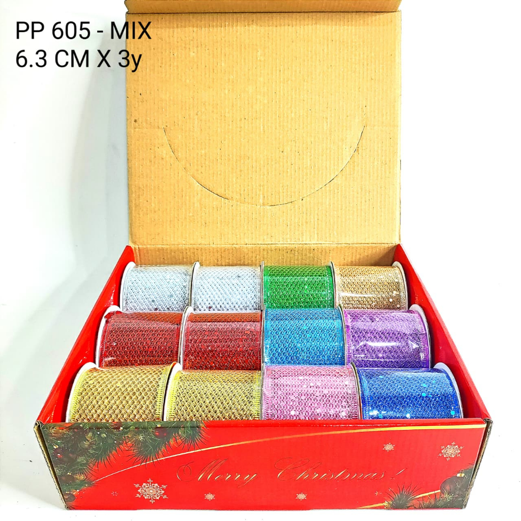 MERAH [6.3 ซม. 3y] ริบบิ้นลวดแวววาว Fine Net ริบบิ้นคริสต์มาสตกแต่ง Glitter ต้นคริสต์มาสห่อตกแต่งของ