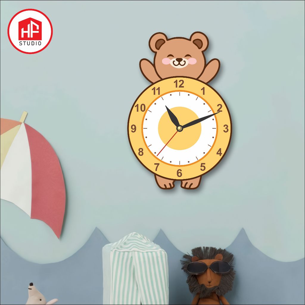 HF STUDIO | NEW35 Minimalist Aesthetic MDF Bear Character Wall Clock สําหรับห้องเด็ก