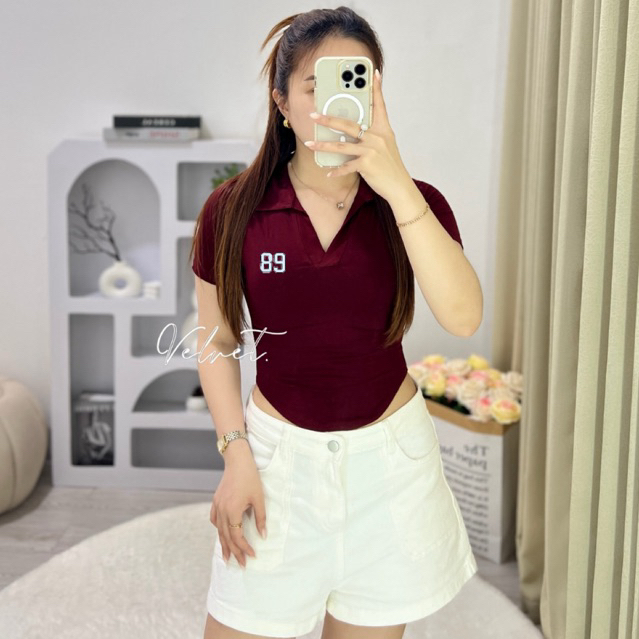 เสื้อครอป V Neck Oval Short Sleeve / Womens Top V Neck Logo Number-89