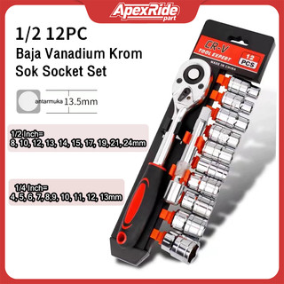 Apexride SET KUNCI SOKET SHOCK 1/2 INCHI & 1/4 INCHI SET ISI 12PCS CR-V KUNCI SOK LENGKAP WRENCH