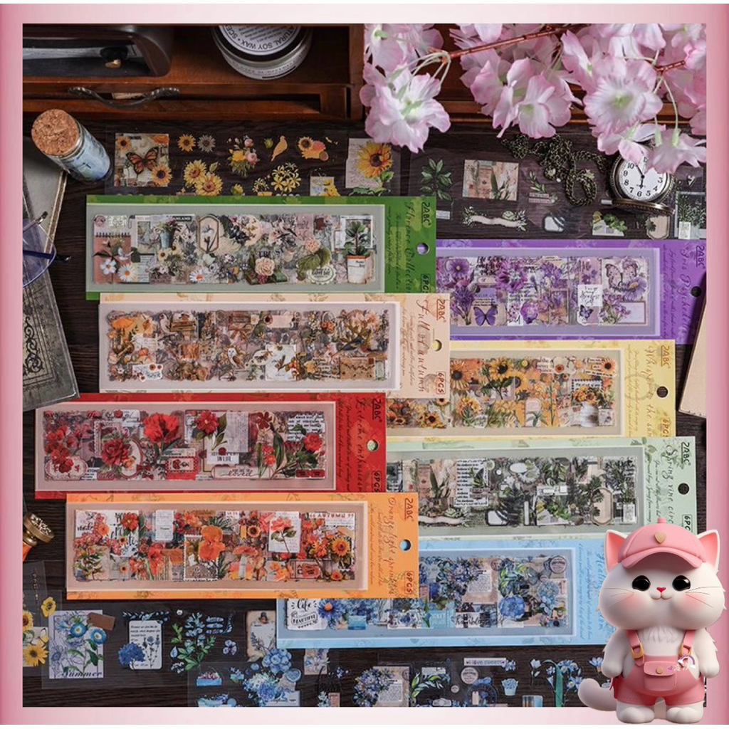(6 แผ่น) Kiss Cut Flowers Stickers Season Waterproof Stickers Flower Retro Aesthetic