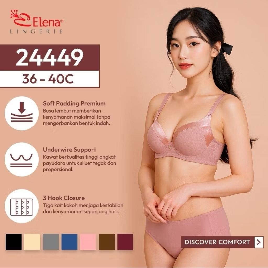 เอเลน่า Underwire Bra Cup CE 24449 - Size 36C-42C - Large C Cup Bra 3 Hooks Thin Foam
