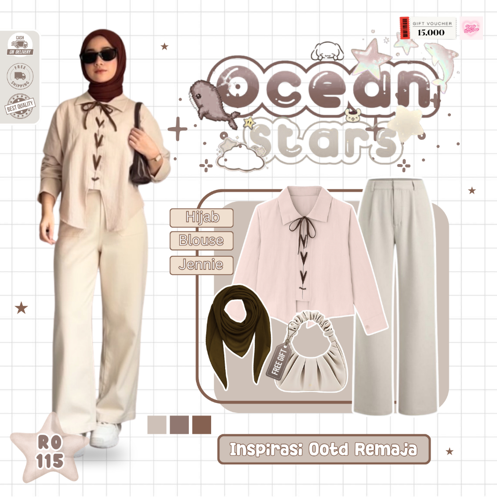 NUNA Outfit Set Aries ชุดริบบิ้นน่ารัก (Bella Square + เสื้อ + Jennie Knit) One Set Hijab เกาหลี - R