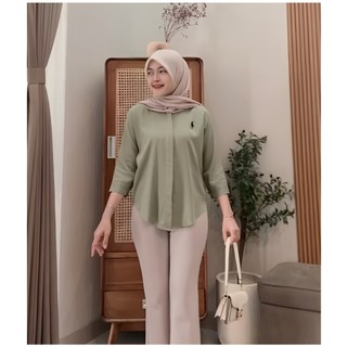Kemeja Bordir Logo Atasan Wanita Lengan 7/8 Terbaru // Atasan Katun Baju Cewek Oversize Basic