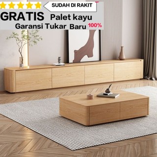Kabinet meja tv japandy sudah terakit bahan plywood anti rayap sudut oval lengkung aesthetic kuat dan kokoh