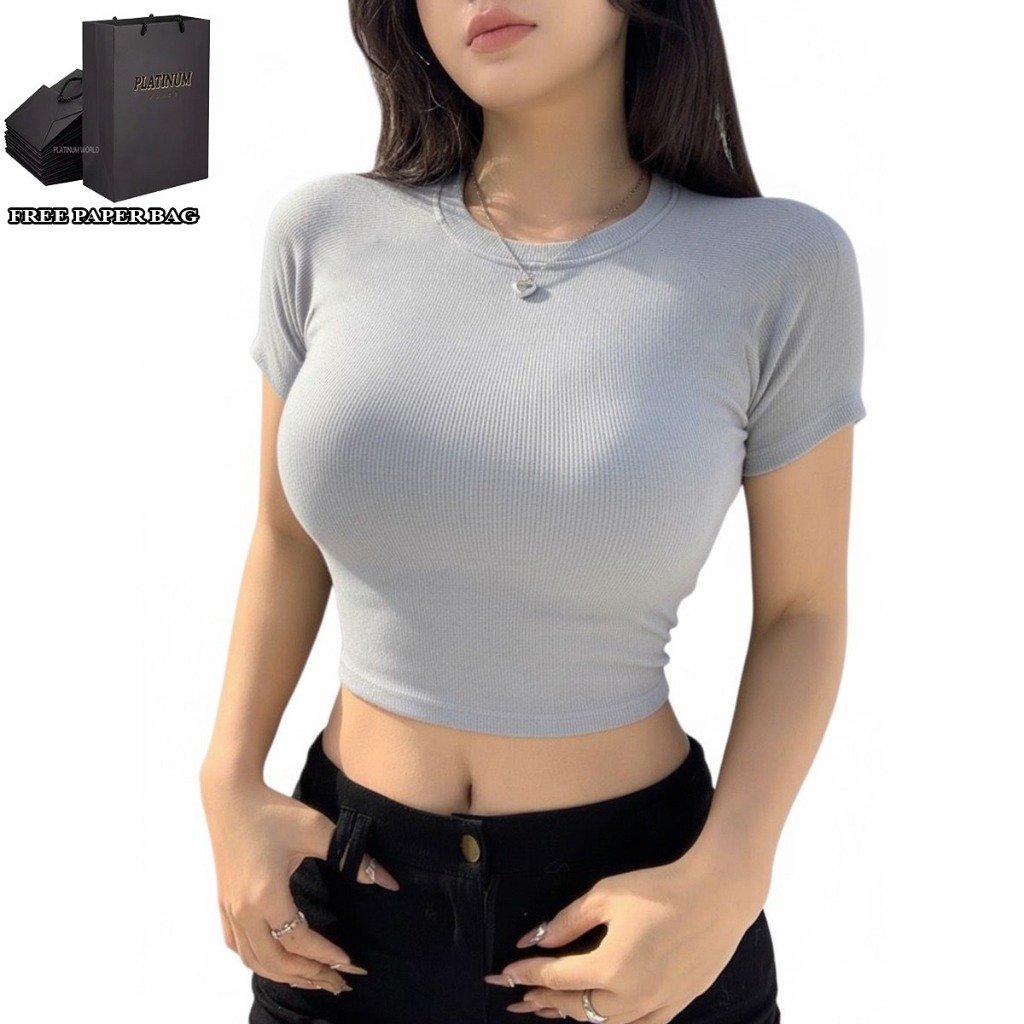 PLATINUM WORLD เสื้อครอปถักธรรมดา O คอ Fit Body - เสื้อเชิ้ตธรรมดาผู้หญิง S3