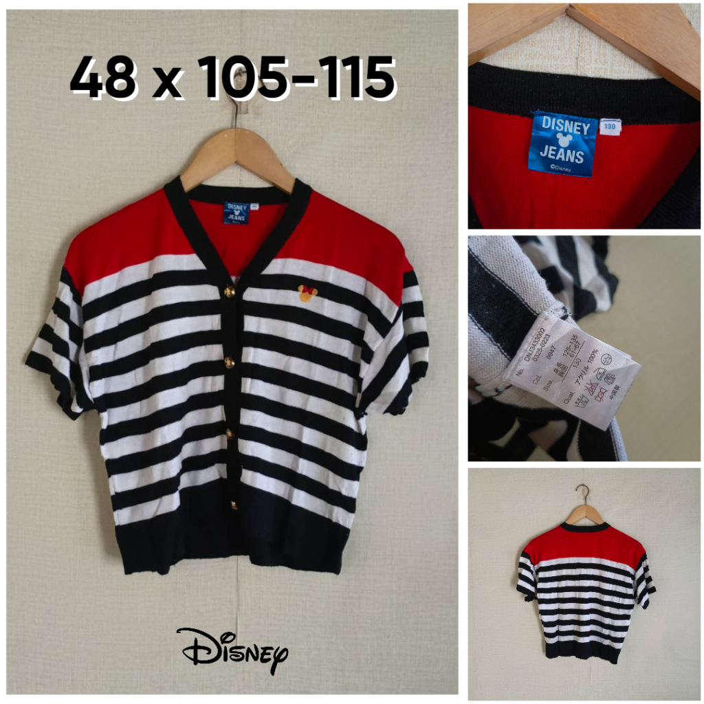 MERAH Disney Jeans Cardigan Red Black White Stripes V Neck Size M ผู้หญิงแขนสั้น OB442